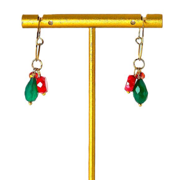 Handmade Green Onyx Chalcedony Hoop Earrings Red Crystal Dainty Christmas Colors - Picture 1 of 7